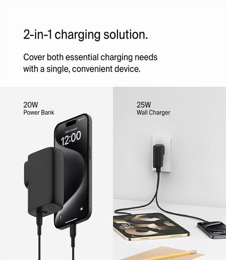 Belkin BoostCharge Hybrid Wall Charger 25W + Power Bank 5K, 2-in-1 Portable Charger, Portable Battery Charger w/USB-C Port & USB-A Port - Travel-Friendly, Dual-Port Charging Device - Black-M00000002045