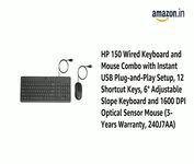 HP 150 Wired Keyboard and Mouse Combo with Instant USB Plug-and-Play Setup, 12 Shortcut Keys, 6° Adjustable Slope Keyboard and 1600 DPI Optical Sensor Mouse (3-Years Warranty, 240J7AA)