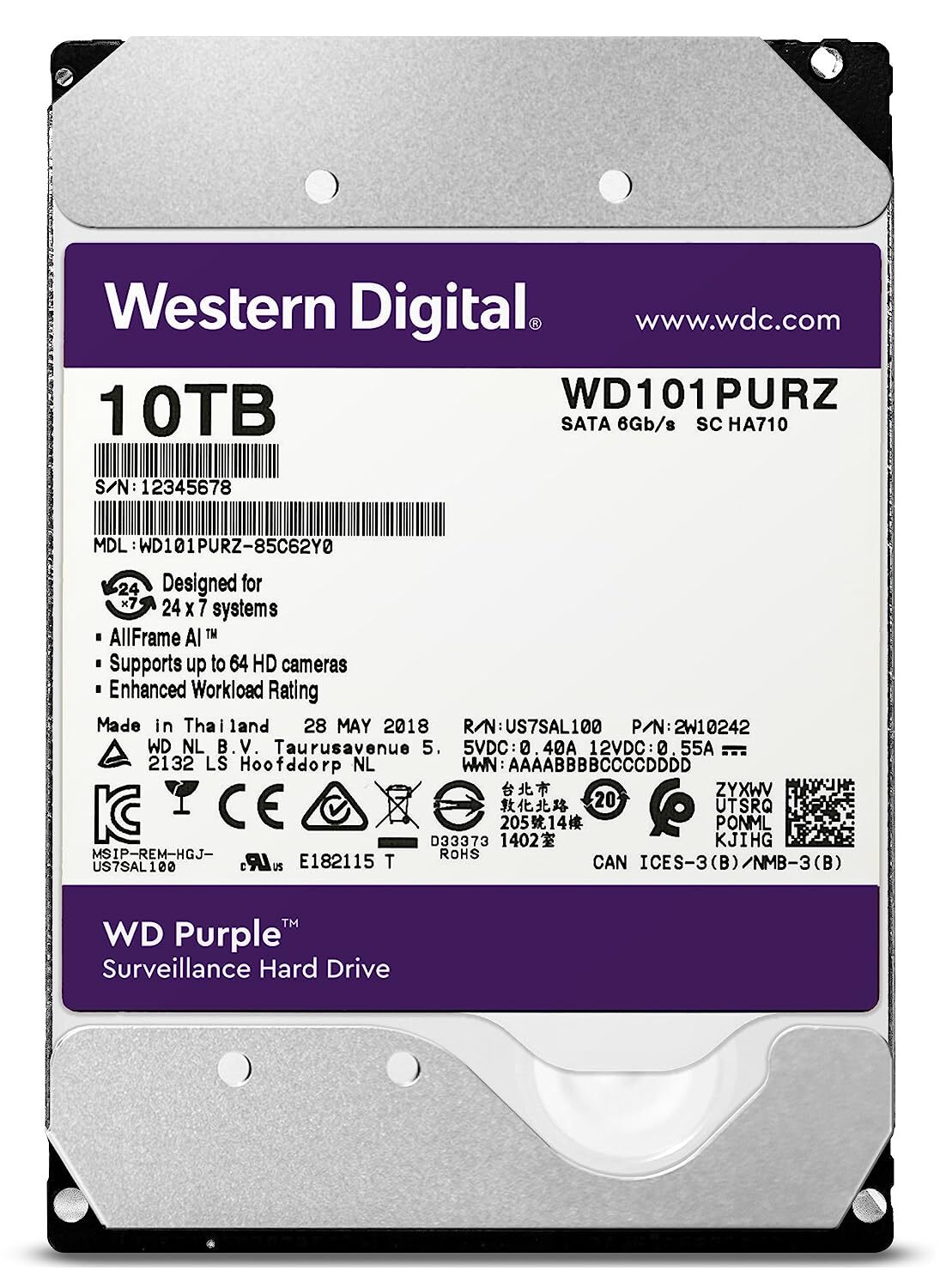 Western Digital Purple 10TB Surveillance Hard Drive (WD101PURZ)