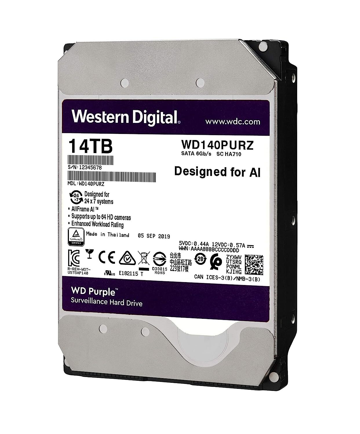 WD Purple 14TB Surveillance Internal Hard Drive - 7200 RPM Class, SATA 6 Gb/s, 512 MB Cache, 3.5" - WD140PURZ