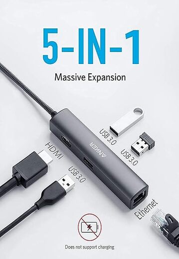 Anker USB C Hub Adapter, 5-in-1 USB C Adapter with 4K USB C to HDMI, Ethernet Port, 3 USB 3.0 Ports, for MacBook Pro, iPad Pro, XPS, Pixelbook, and More