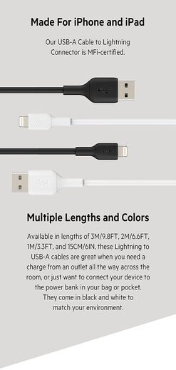 Belkin Apple Certified Lightning to USB Charge and Sync Cable for iPhone, iPad, Air Pods, 39.6 inch (100cm) Black