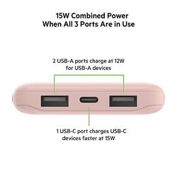 Belkin 10000 mAh Slim Power Bank with 1 USB-C and 2 USB-A Ports to Charge 3 Devices Simultaneously with up to 15W for iPhones, Android Phones, Smart Watches, Apple AirPods - Rose Gold