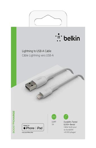 Belkin Apple Certified Lightning to USB Charge and Sync Cable for iPhone, iPad, Air Pods, 3.3 feet (1 meters) – White