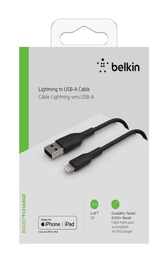 Belkin Apple Certified Lightning to USB A and Sync Cable for iPhone, iPad, Air Pods, 6.6 feet (2 meters) – Black