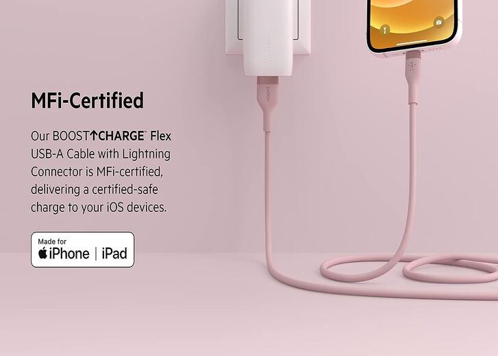 Belkin Apple Certified Lightning to USB Charge and Sync Flexible Silicone Cable for iPhone, iPad, Air Pods, 3.3 feet (1 meters) – Pink