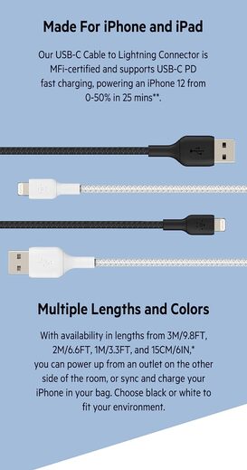 Belkin Apple Certified Lightning to USB Charge and Sync Tough Braided Cable for iPhone, iPad, Air Pods, 3.3 feet (1 meters) – Black