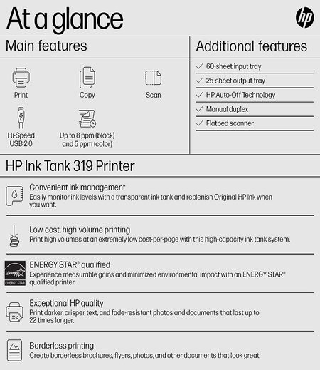 HP Ink Tank 319 All-in-one Colour Printer with upto 15,000 Black and 8,000 Colour pages included in the box - Print, Scan & Copy for Office/Home