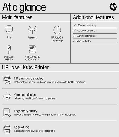 HP Laserjet 108w Single Function Monochrome Laser Wi-Fi Printer For Home/Office, Compact Design, Printing