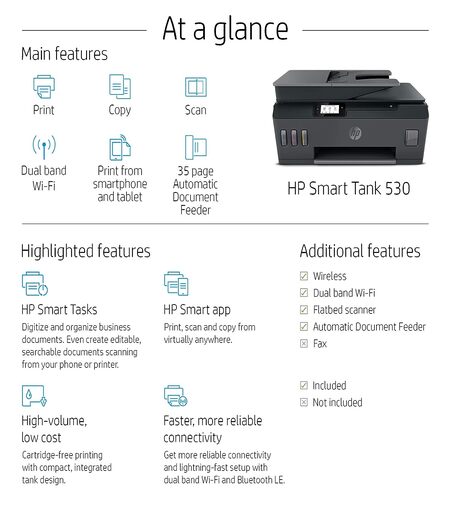 HP Smart Tank 530 All-in-one ADF WiFi Colour Printer with 2 Extra Black Ink Bottle (Upto 18000 Black and 8000 Colour Prints). -Print, Scan & Copy with ADF for Office/Home