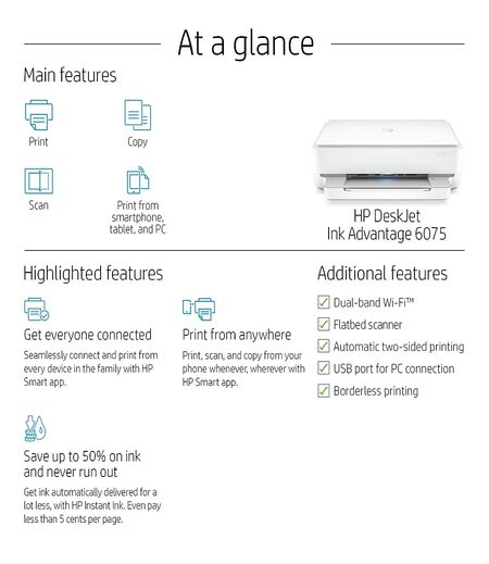 HP Ink Advantage 6075 WiFi Colour Printer, Scanner and Copier for Home/Small Office, Dual Band WiFi, Duplex Printing (Automatic Double-Sided Print).