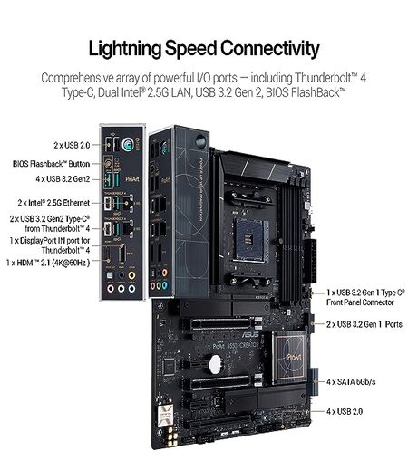 ASUS ProArt B550-Creator (AMD Ryzen 5000/5000 G/ 4000 G/ 3000) ATX Motherboard for Content Creators Features PCIe 4.0 Dual Thunderbolt4 Type-C Ports Dual Intel 2.5Gb Ethernet Dual M.2 with heatsinks.