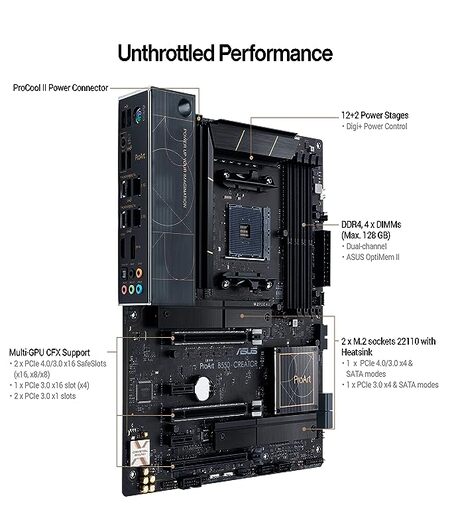 ASUS ProArt B550-Creator (AMD Ryzen 5000/5000 G/ 4000 G/ 3000) ATX Motherboard for Content Creators Features PCIe 4.0 Dual Thunderbolt4 Type-C Ports Dual Intel 2.5Gb Ethernet Dual M.2 with heatsinks.