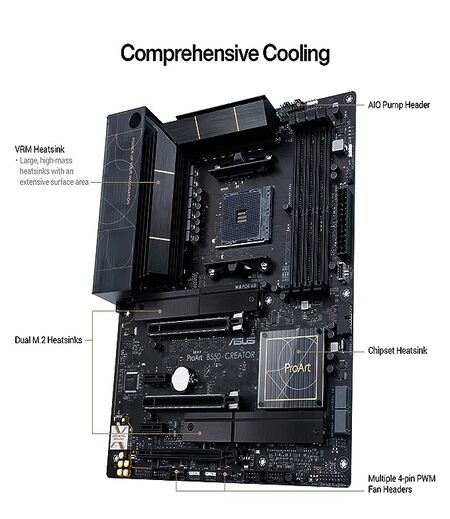 ASUS ProArt B550-Creator (AMD Ryzen 5000/5000 G/ 4000 G/ 3000) ATX Motherboard for Content Creators Features PCIe 4.0 Dual Thunderbolt4 Type-C Ports Dual Intel 2.5Gb Ethernet Dual M.2 with heatsinks.