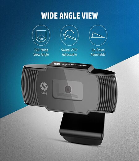 HP w200 HD 720P 30 FPS Digital Webcam with Built-in Mic, Plug and Play Setup, Wide-Angle View for Video Calling on Skype, Zoom, Microsoft Teams and Apps (20L58AA, Black)