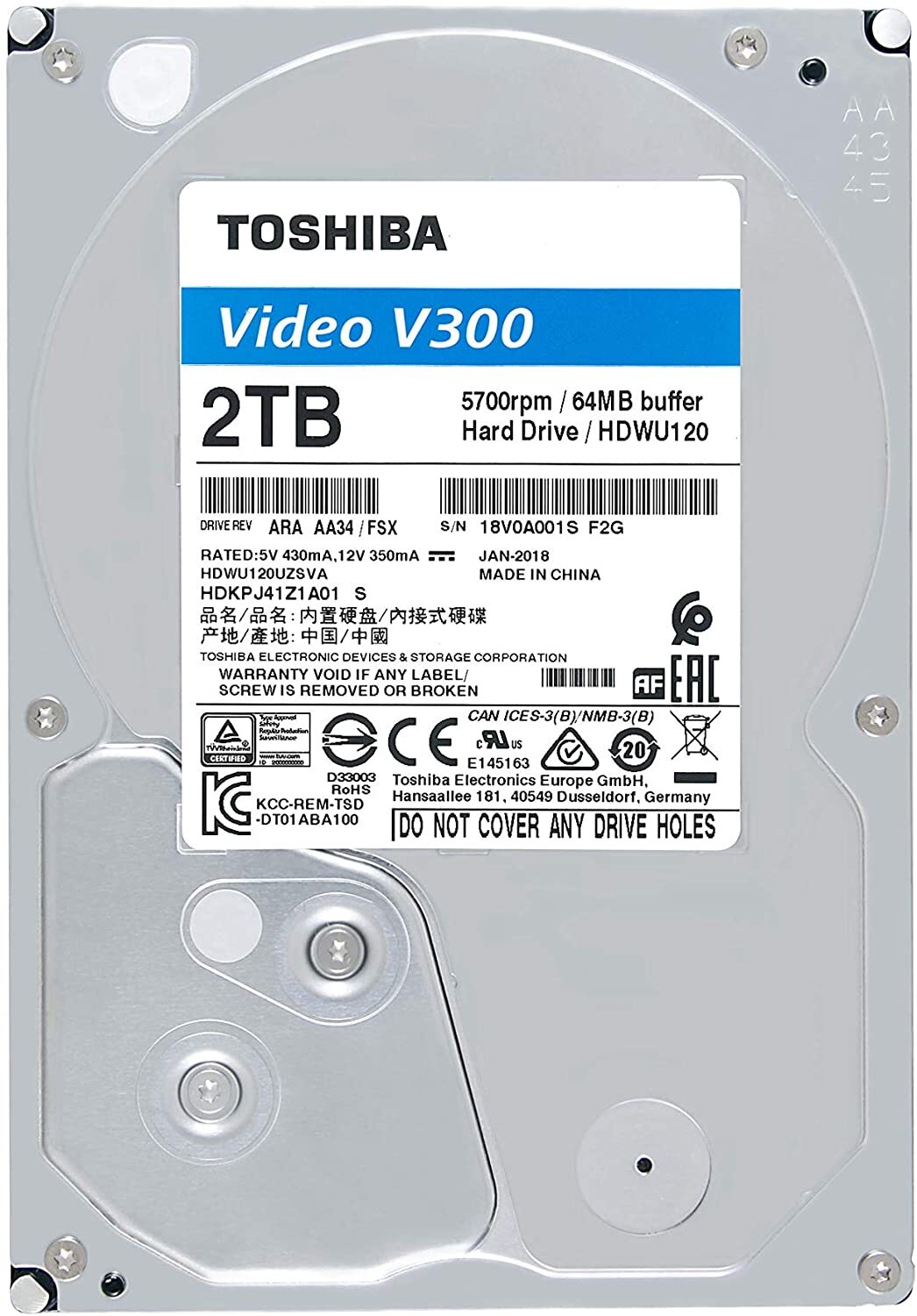 Toshiba HDWU120UZSVA 2TB V300 3.5" Video Streaming Hard Drive with Temperature Control